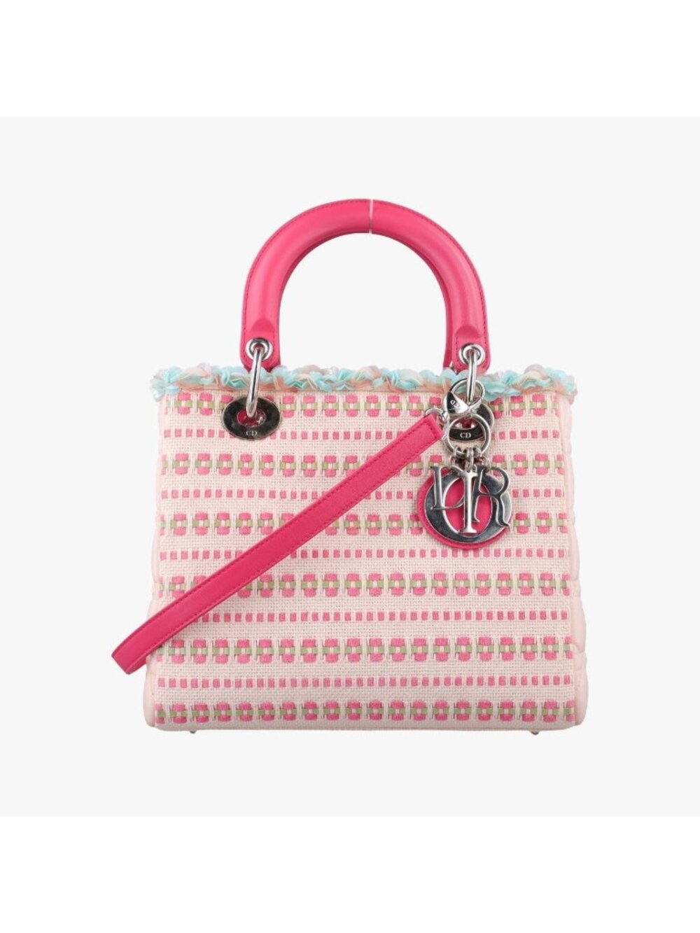 Dior Medium Tweed Sequin Lady Pink Blue Canvas Handbag